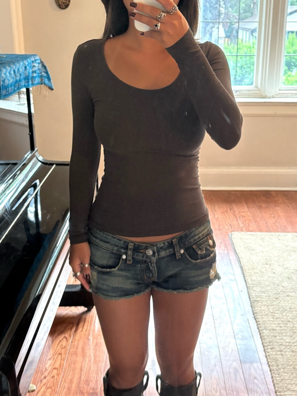H&M Brown Slim Fitted Scoop Neck Long Sleeve Top